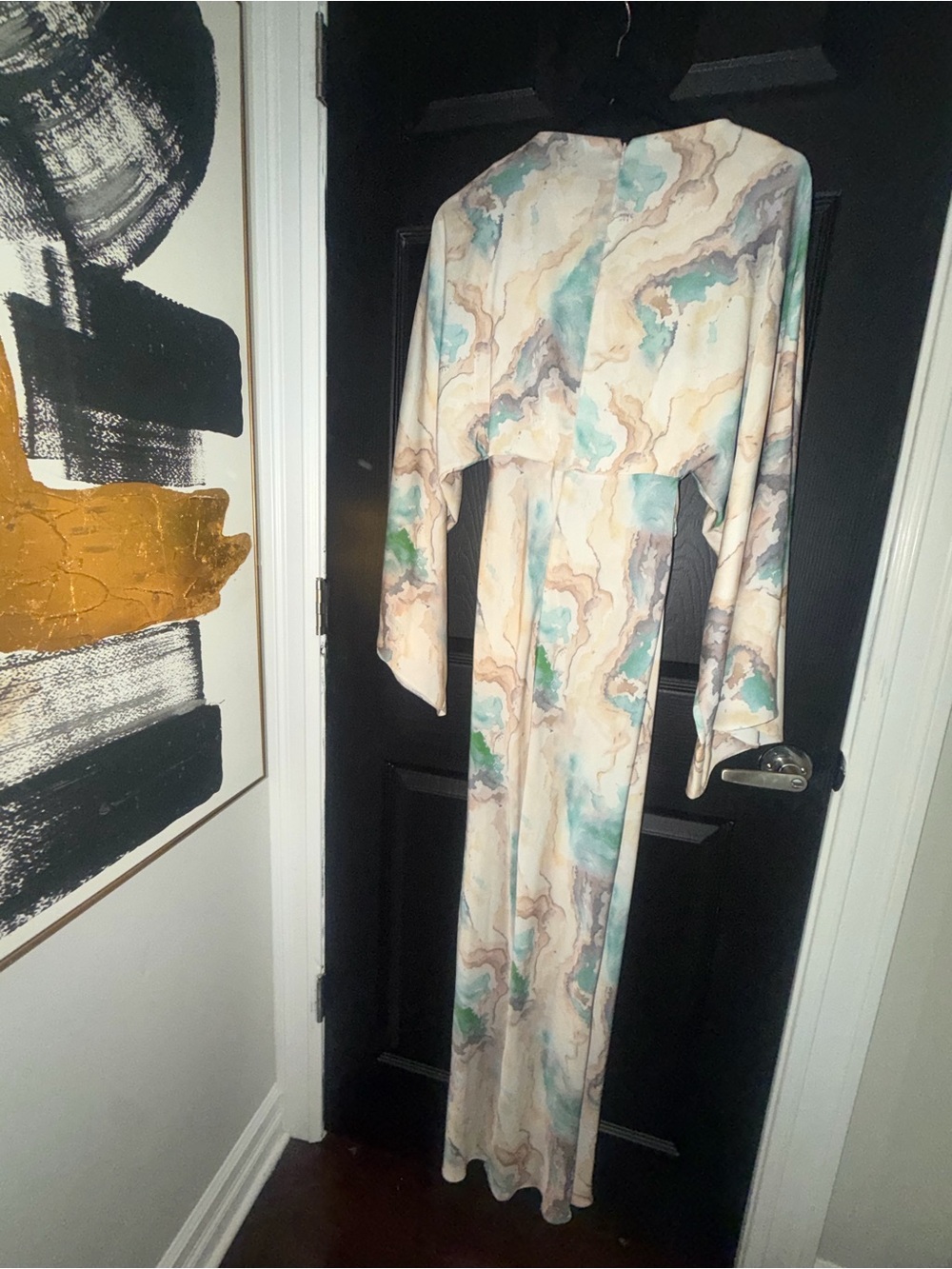 ASOS Marble-Print Long Sleeve Kimono Maxi Dress in Cream and Teal